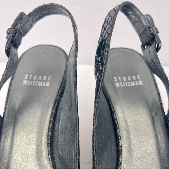 STUART WEITZMAN PATENT SNAKE PRINTED OPEN TOE WEDGE, BLACK, SIZE 8.5M, WOMEN’S - Picture 12 of 16